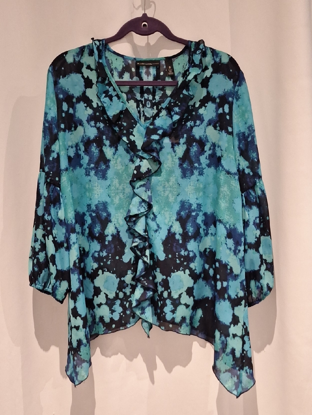 Black Label By Chico's Women’s Ruffled V-Neck Tunic Pop Over Blouse in Teal Blue